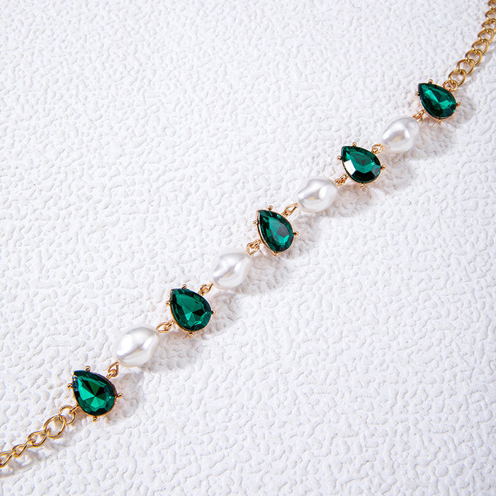 Baroque Pearl Necklace with Emerald Gemstone Inlay - Geometric Water Drop Pendant for Women