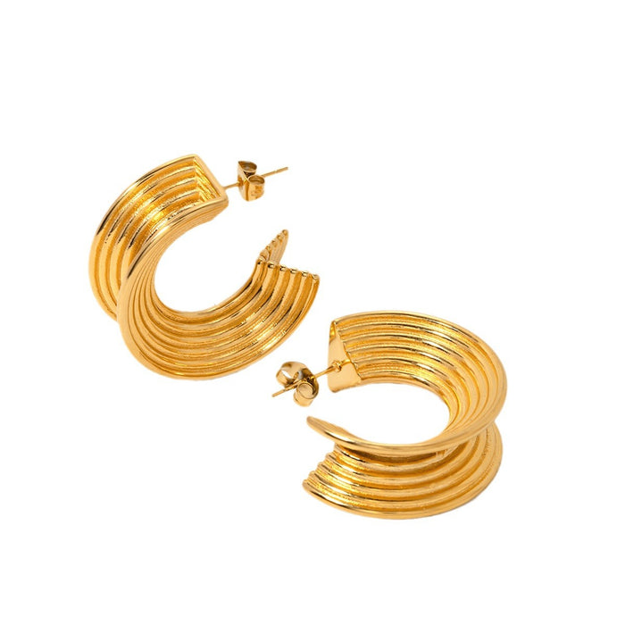 18K Gold Stainless Steel Striped C-Shaped Earrings - INS Style Trendy Line Design Jewelry