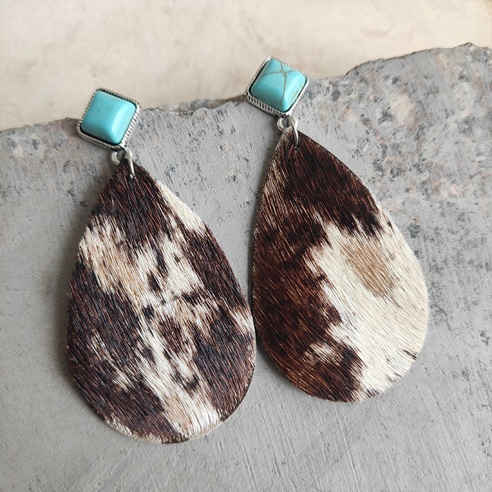 Leopard Print Cowhide Leather Teardrop Earrings with Turquoise Studs