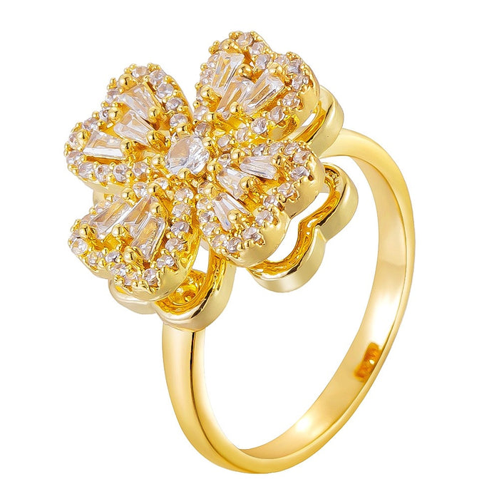 Wholesale copper micro-set zircon gold heart and four-leaf clover rotating open ring