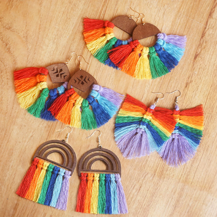 Handwoven Wooden Rainbow Tassel Earrings in a Baroque Style with Colorful Large Pendants