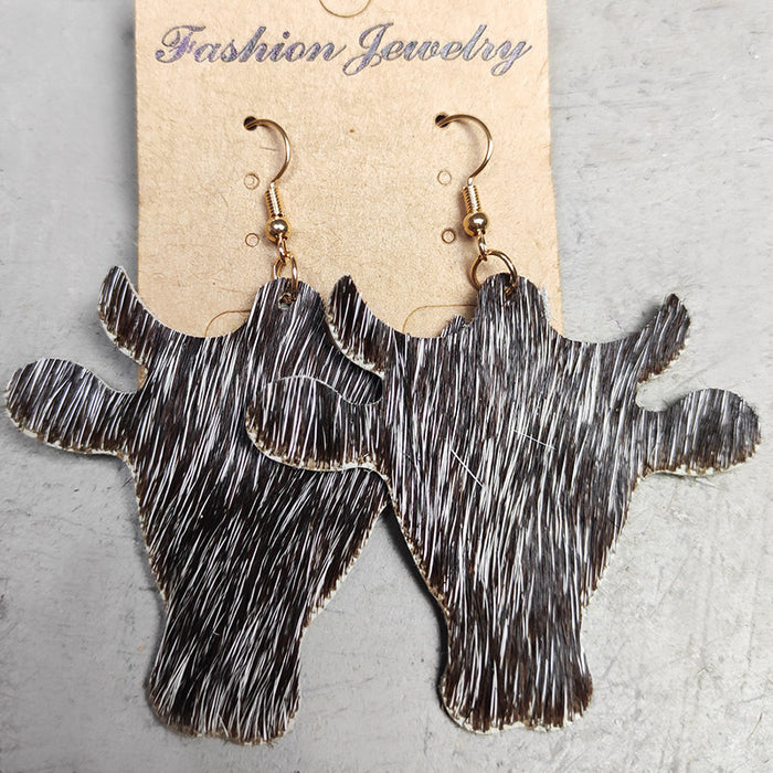 Simple Cow Print Leather Earrings with Bullhead Design