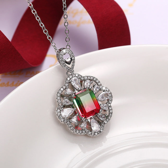 Hollow Flower Colored Gemstone Zirconia Women's O-shaped Chain Necklace