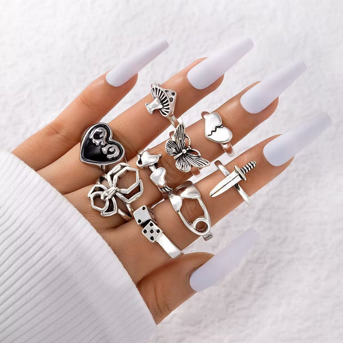 Gothic Butterfly Ring Set - 9-Piece Sword and Mushroom Rings