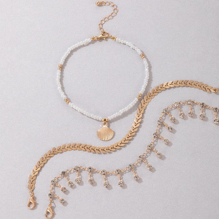 Crystal Tassel Anklet with Shell and Geometric Aircraft Charms