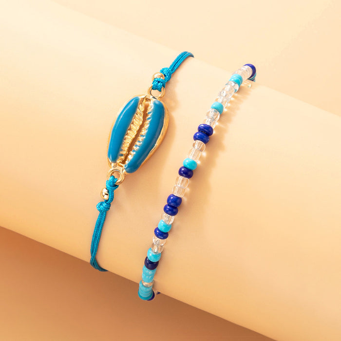 Ethnic Blue Shell Braided Double-Layer Bracelet with Geometric Beads