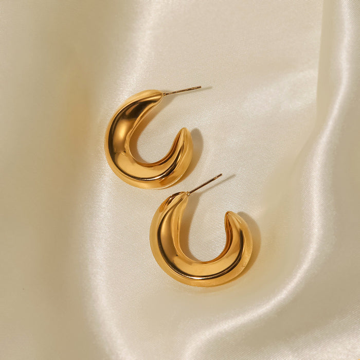 French Style Titanium Steel Earrings - Fashionable 18K Gold Plated Hollow Wave C-Shaped Earrings for Women