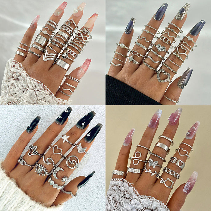 Conjunto de anillos de diamantes con diseño de mariposa y corazón de moda: anillos multiarticulados inspirados en el diseño de cactus, luna y ojo