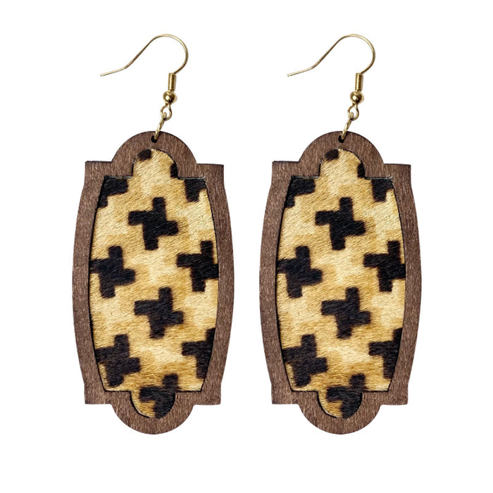 Vintage Floral Print Cowhide Earrings with Cross and Geometric Teardrop Wood Elements - wallojewerly 