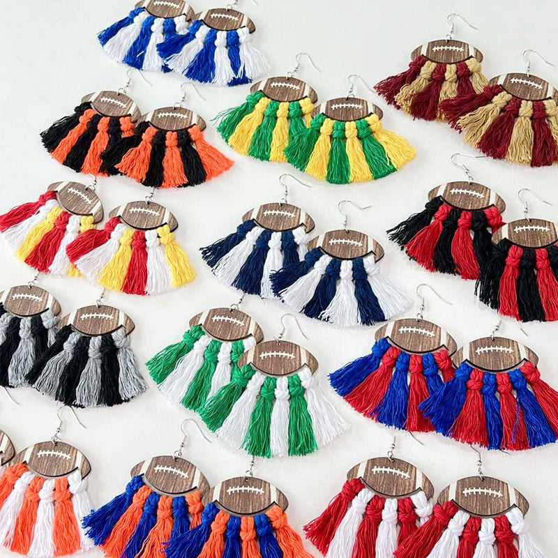 Sports Themed Woven Tassel Wooden Earrings for American Football Cheerleaders