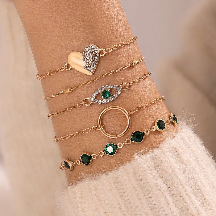 Korean-French Emerald Heart Rhinestone Bracelet Set - Versatile Elegant Jewelry for Women