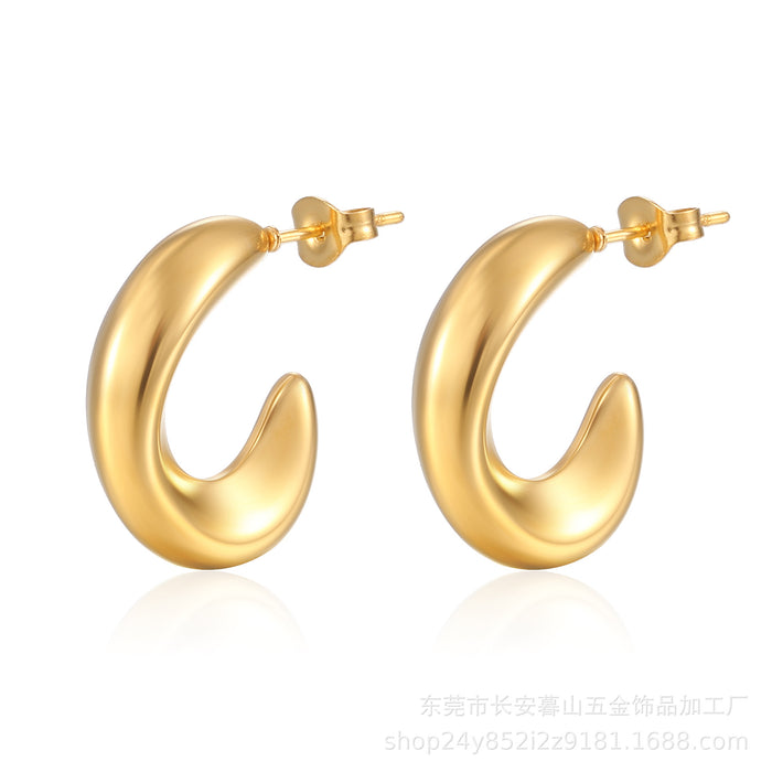 Stainless steel women's round real gold 18K oval light luxury hollow earrings