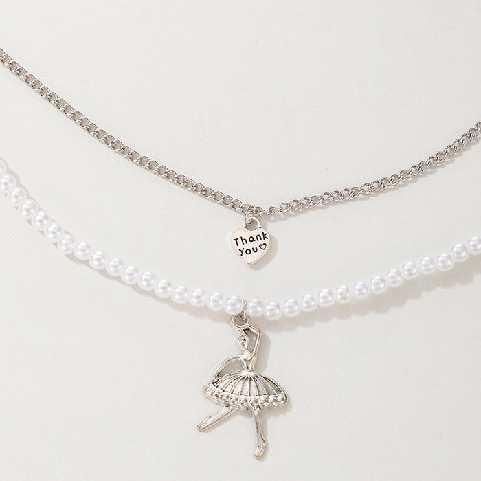 Ballet Dancer Pendant Necklace – Multi-Layer Pearl Chain