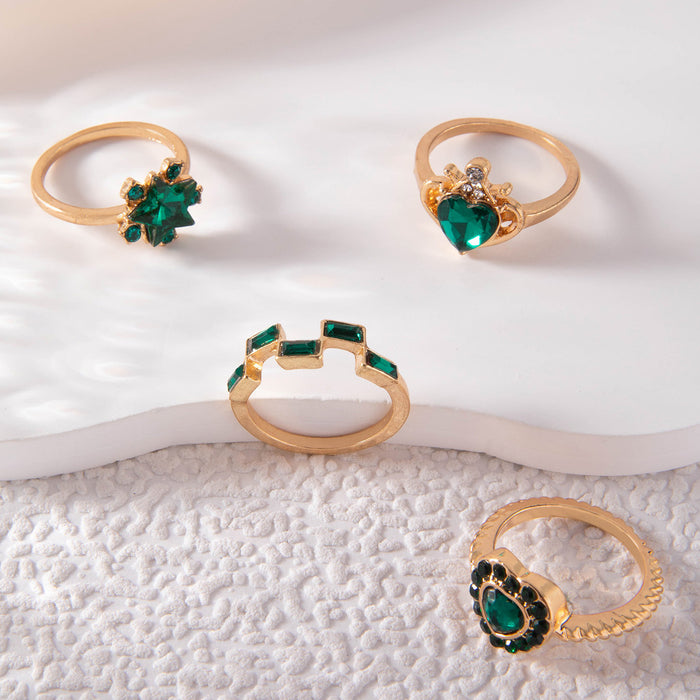 Emerald Heart Gemstone Ring Set - 4pcs Stylish Rings