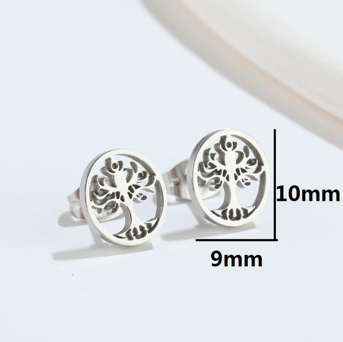 Tree of Life and Maple Leaf Stainless Steel Stud Earrings - Vintage-Inspired Jewelry