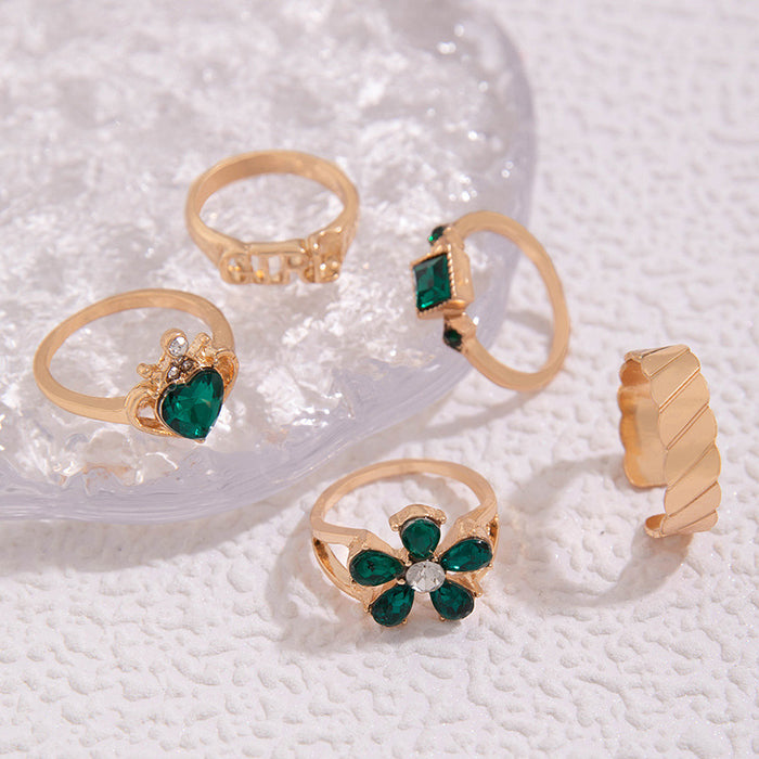 Green diamond flower heart crown letter five-piece ring set