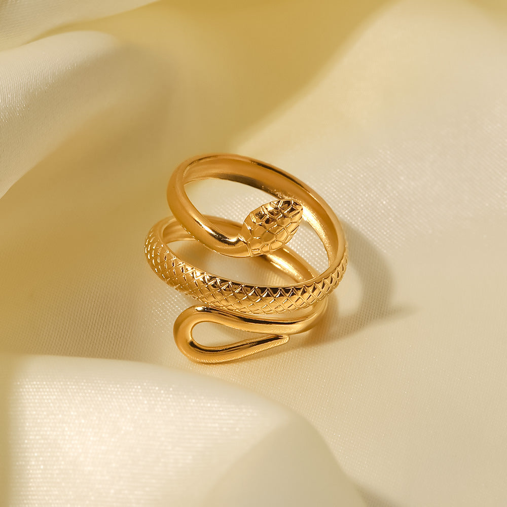 Classic 18K Gold Plated Snake Design Ring - Adjustable Hollow Stainless Steel Jewelry