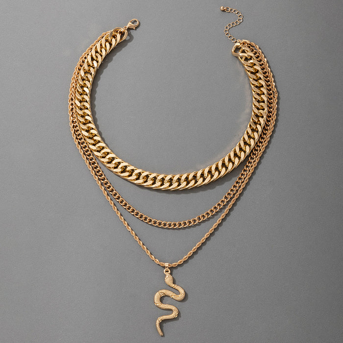 Snake Pendant Multilayer Necklace - Bold Punk Triple-Layer Chain Set