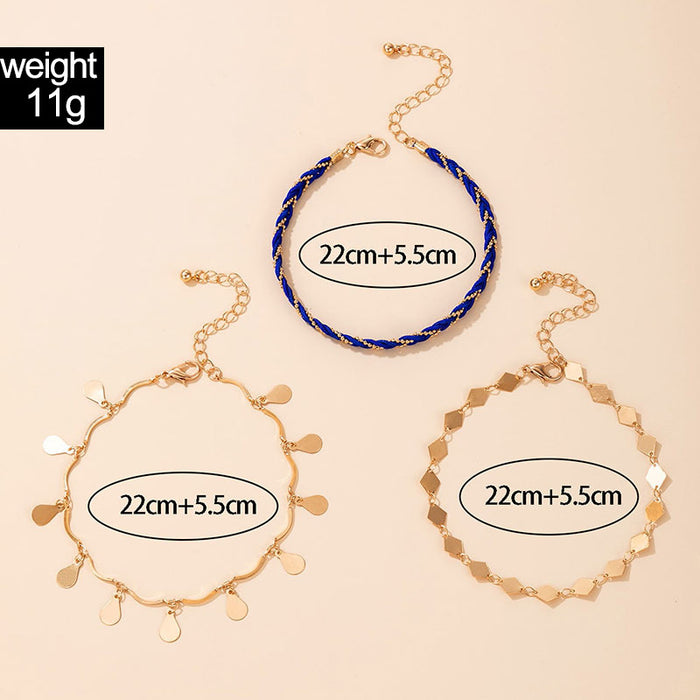 Ethnic Blue Braided Triple Layer Anklet with Diamond Water Drop Pendant