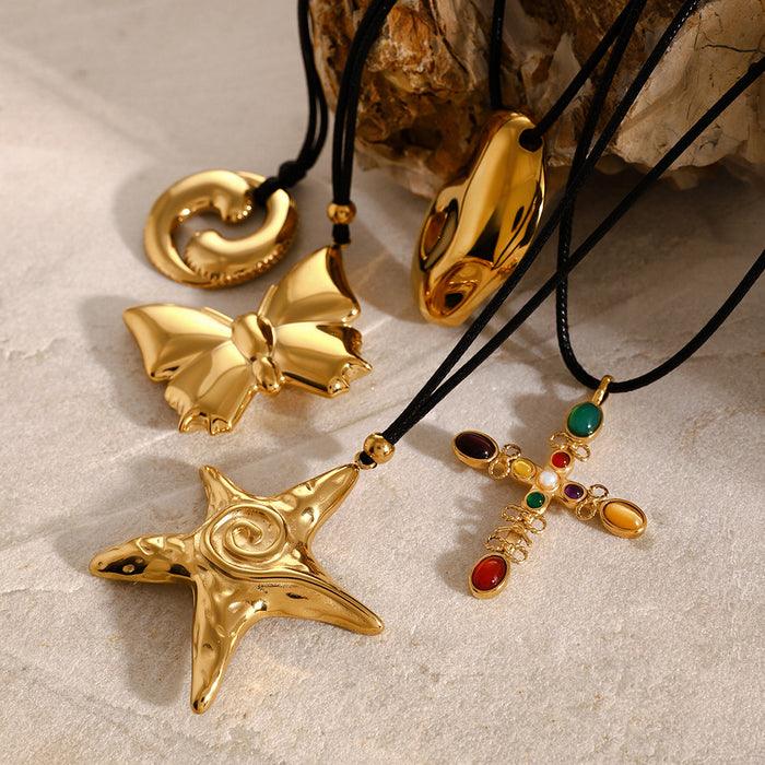 18K Gold-Plated Stainless Steel Pendant Necklace with Black Cord - Simple Butterfly Knot and Starfish Design