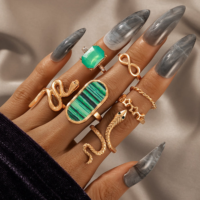 Emerald Snake Pentagram Oil Drop Ring 7-Piece Set