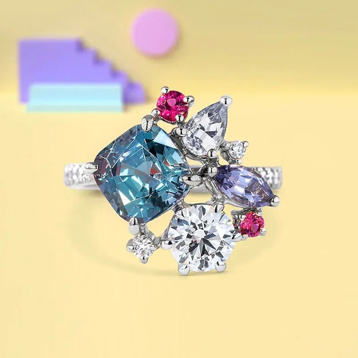 Colorful Gem Square Princess Ring Simulated Diamond Engagement Ring