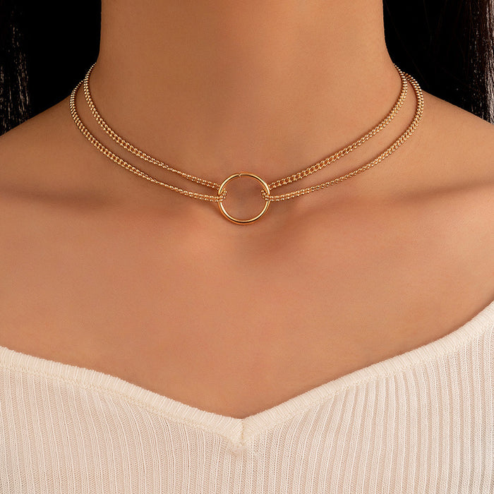 Geometric Round Ring Double Layer Necklace with Minimalist Bead Chain Design