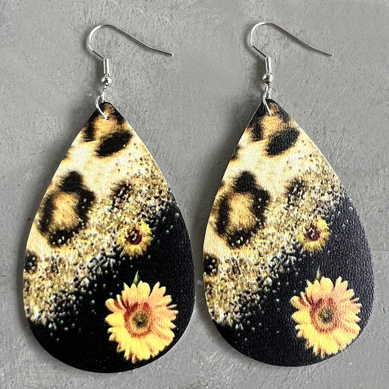 Vintage Western Teardrop Leopard Print Sunflower and Cactus Earrings