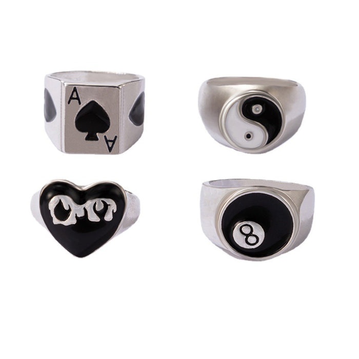 Juego de anillos de Tai Chi en blanco y negro con forma de corazón y gotas de aceite