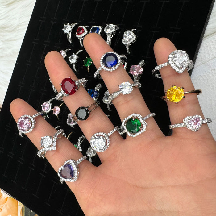 Colored zircon inlaid heart-shaped rings, wholesale of open stainless steel rings