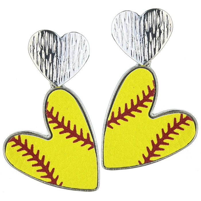 Metal Football Heart Earrings with Sports Ball Leather Design