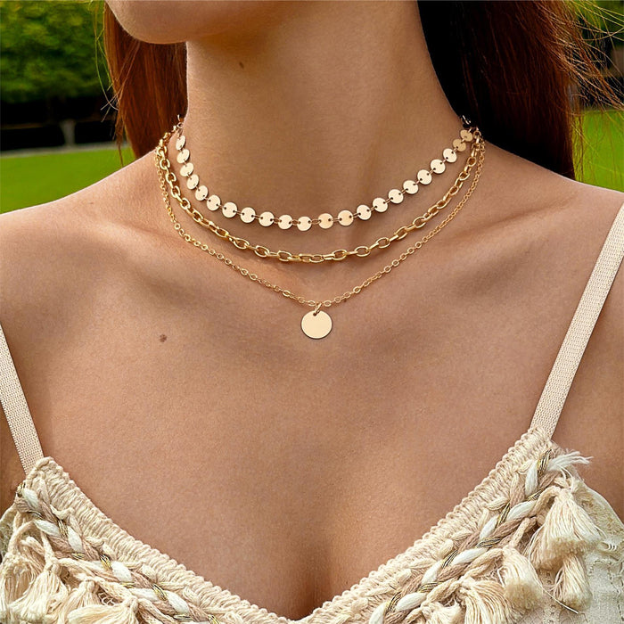 Alloy Round Piece Triple-Layer Necklace - Geometric Chain Simple Multilayer Choker