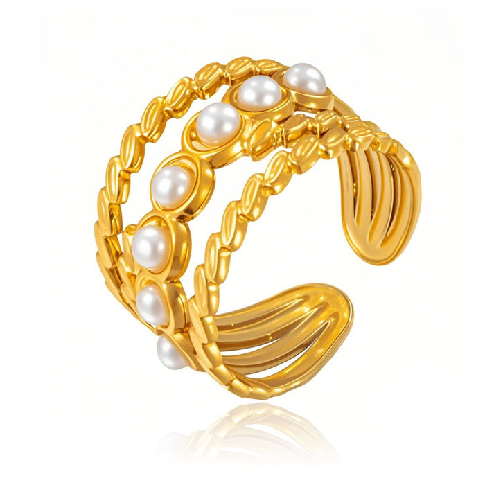 Wholesale stainless steel pearl-set geometric oval openwork ring