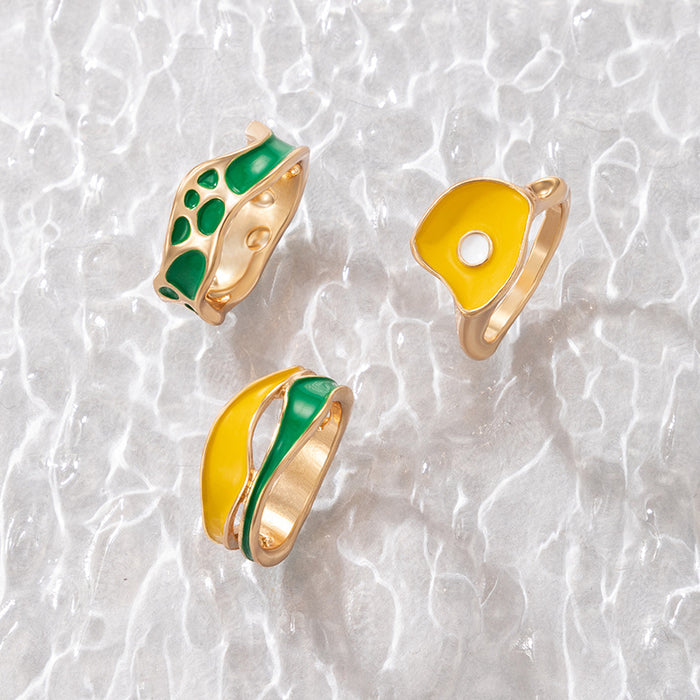 Irregular geometric colorful oil drop ring set hollow carving design