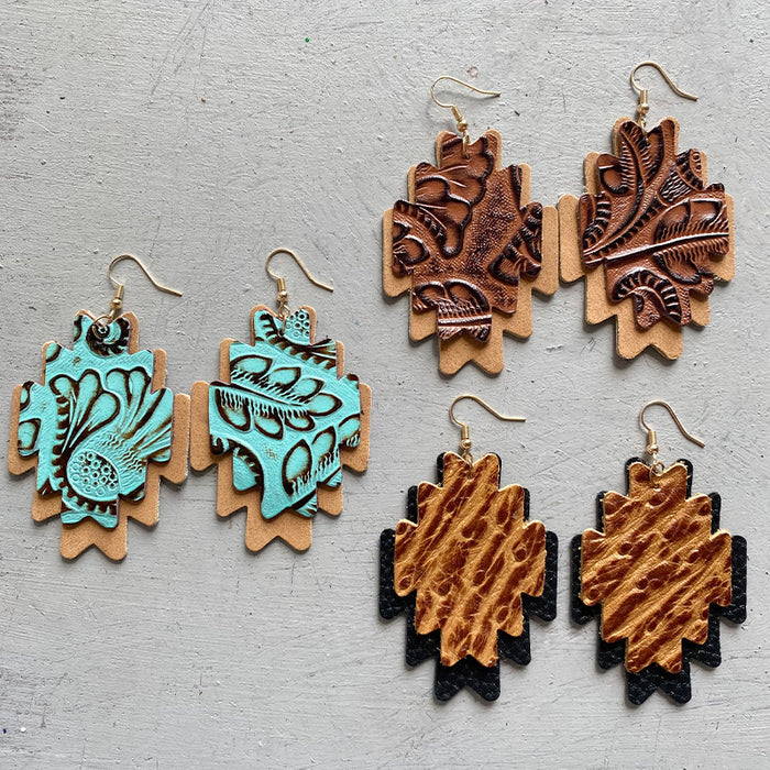 Double Layer Aztec Embossed Leather Earrings with Vintage Style