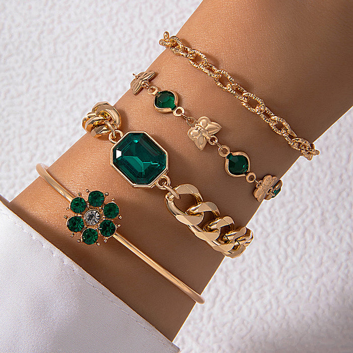 New Faux Emerald Gemstone Bracelet Set - Luxury Four-Piece Jewelry Set