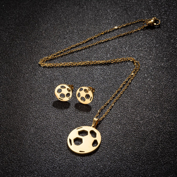 Conjunto de tres piezas de collar y pendientes de fútbol hueco, joyería simple redonda geométrica de acero inoxidable al por mayor