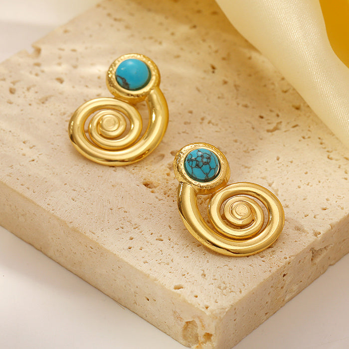 Pendientes de aro en espiral de acero inoxidable y oro de 18 quilates con piedra natural, estilo retro francés