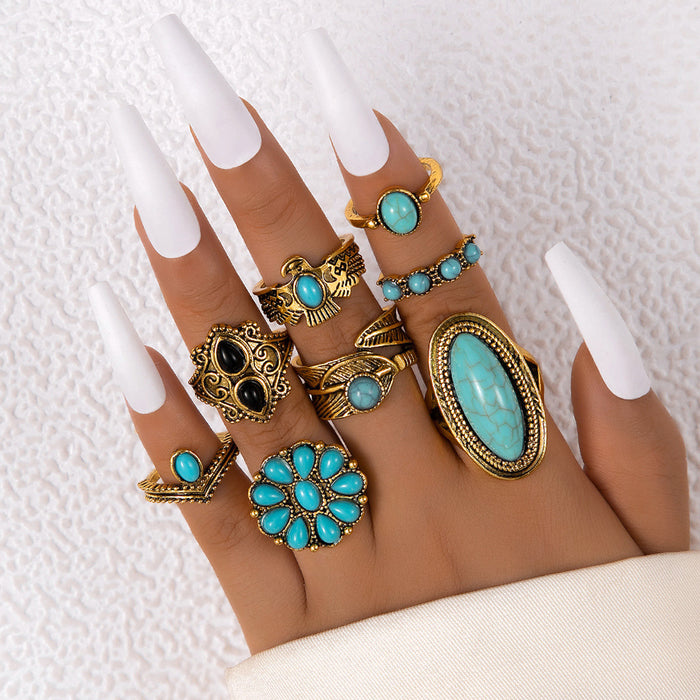 Vintage Carved Turquoise Ring Set - 8pcs Eagle Feather Rings