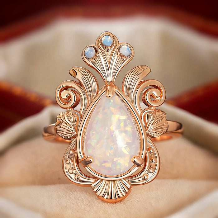 Women's water drop leaf three-claw micro-inlaid imitation opal ring