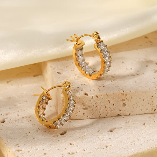 Unique Style Titanium Steel Earrings - 18K Gold Plated Stainless Steel Zircon Inlaid Hoop Earrings