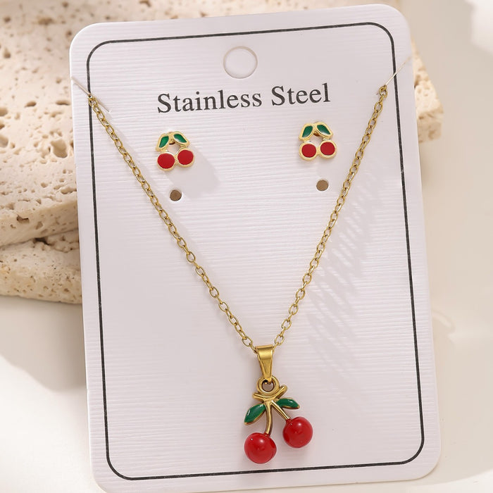 Conjunto de aretes de cadena de clavícula con colgante de cereza de oro de 18 quilates de acero inoxidable al por mayor