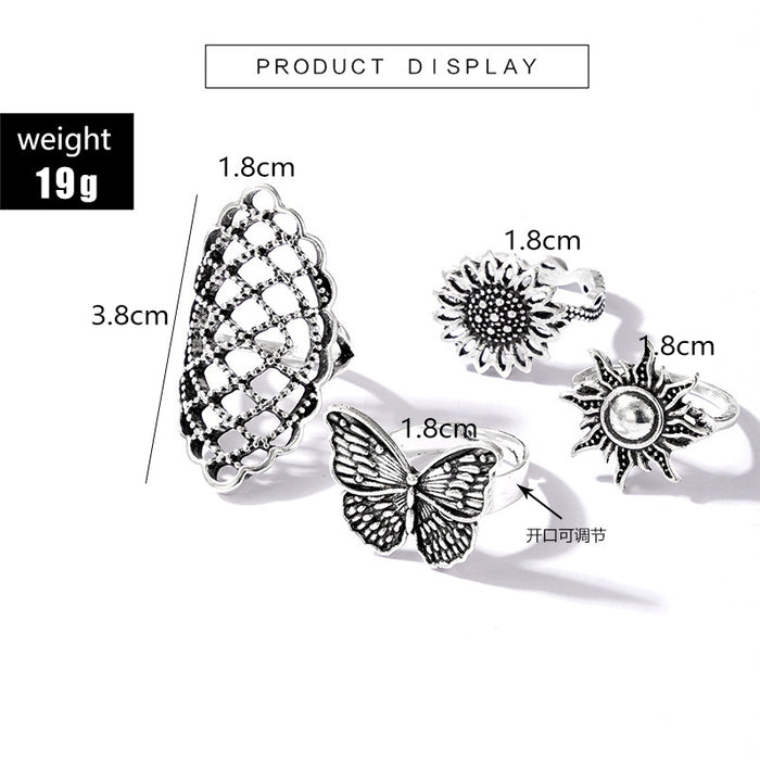 Butterfly, flower and sun vintage silver ring set of 4