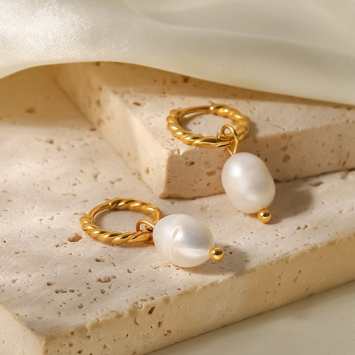 French Style Freshwater Pearl Twist Earrings - 18K Gold PVD Stainless Steel Jewelry