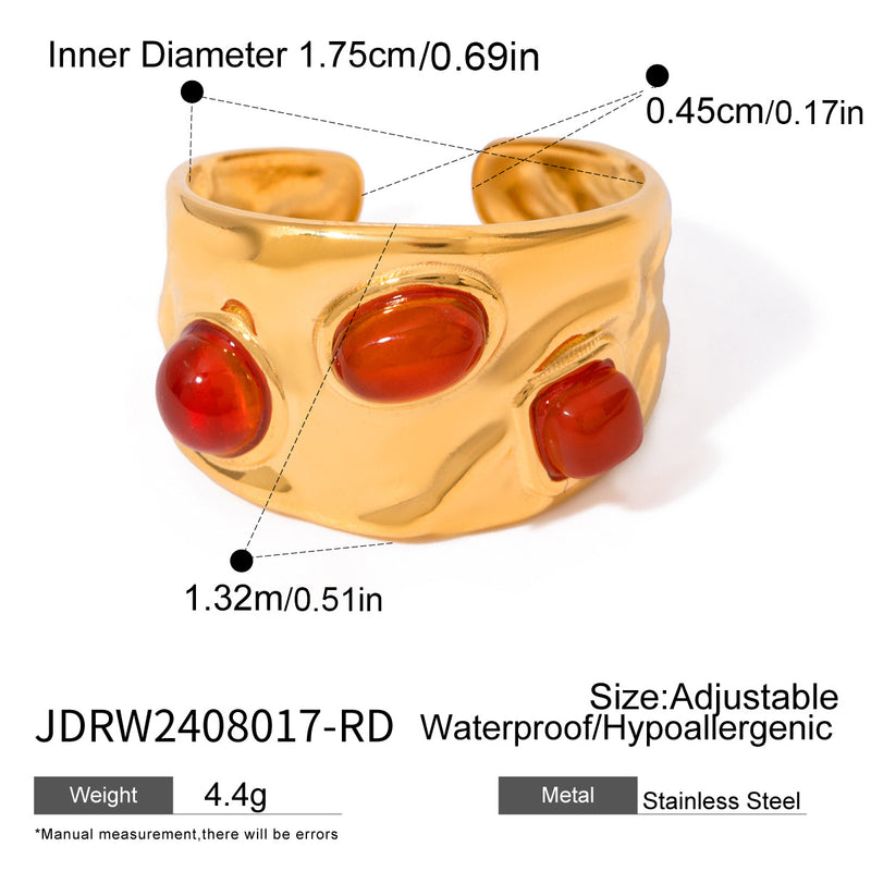 Anillo abierto de ágata roja de acero inoxidable