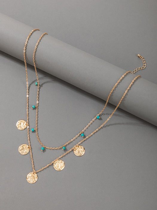 Star Round Bead Double Layer Necklace with Gold Alloy Geometric Multi-Layer Design