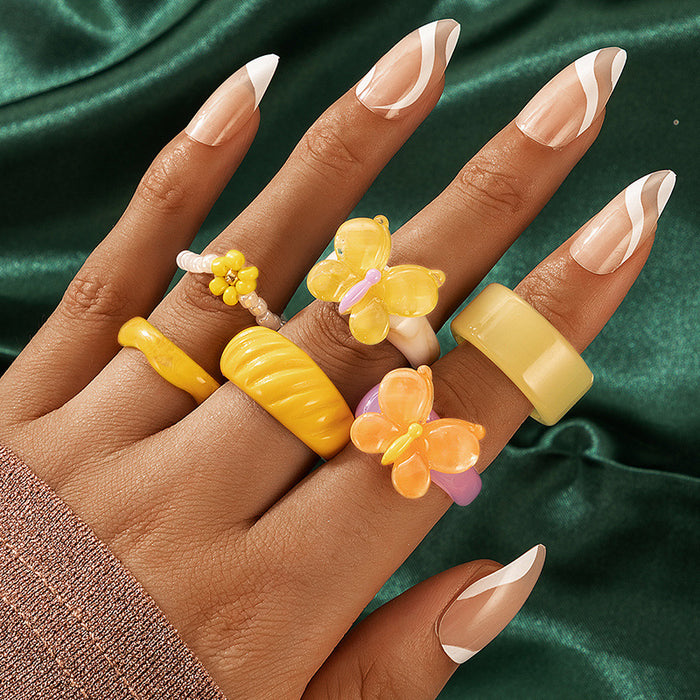 Resin ring, rice bead flower wide acrylic four-piece set