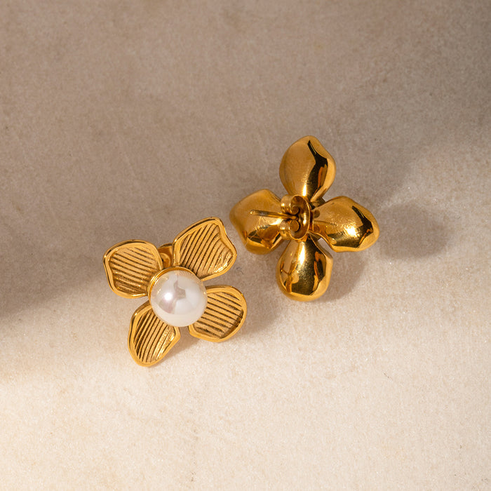 Pendientes de acero inoxidable chapado en oro de 18 quilates con incrustaciones de flores y perlas: joyas geométricas que no se decoloran para mujeres