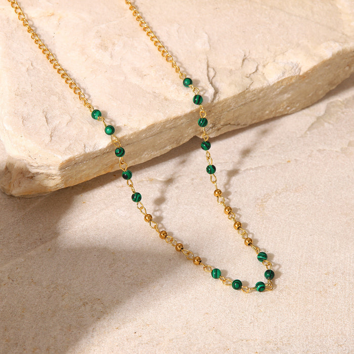 18K Gold-Plated Small Round Bead Necklace with Green Malachite - Women's Vintage Jewelry