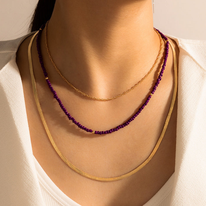 Purple Beaded Triple-Layer Necklace - Geometric Chain Multilayer Choker